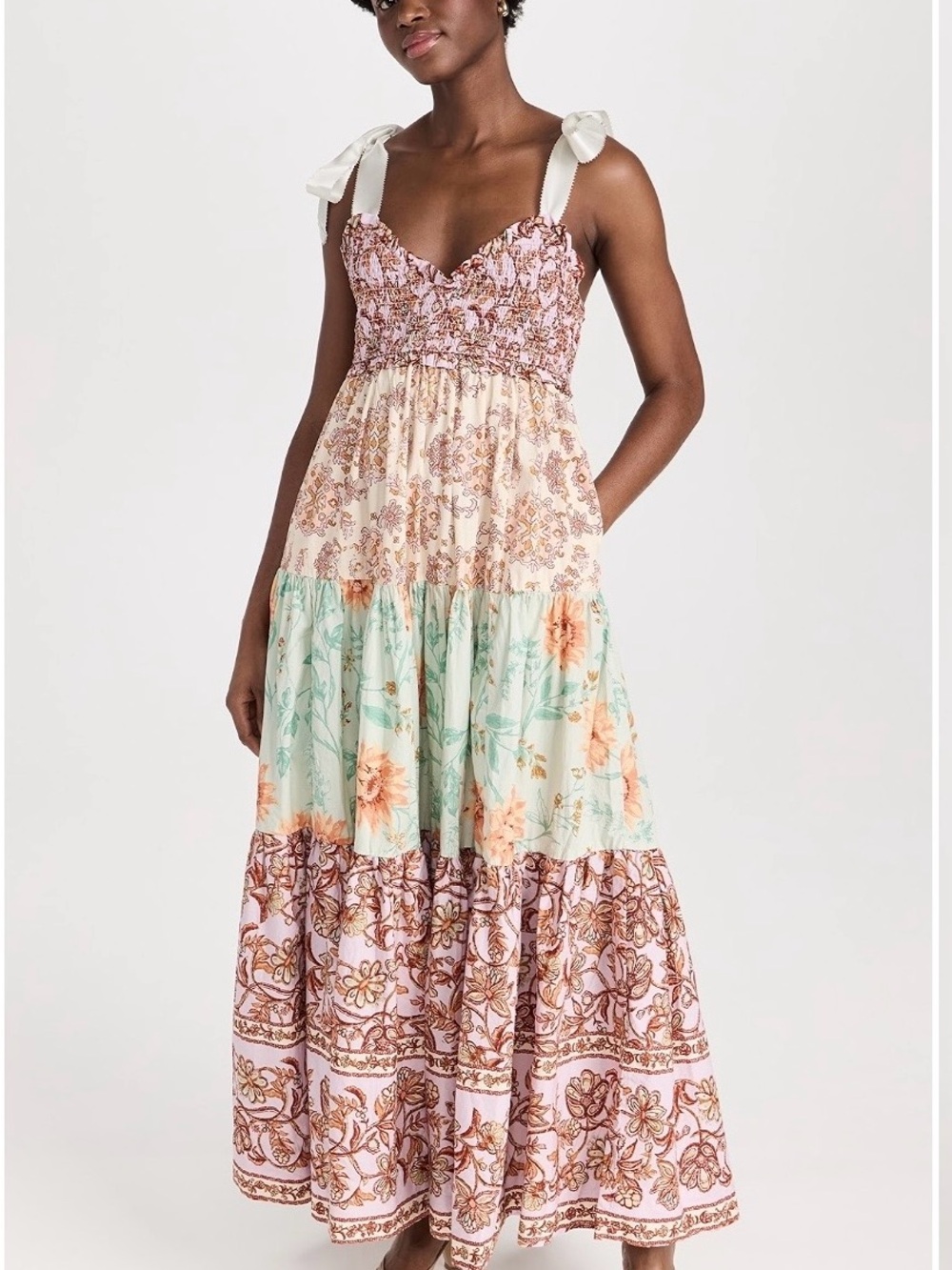 Free People Floral Tiered Maxi Dress with Tie Straps - Pink & Mint